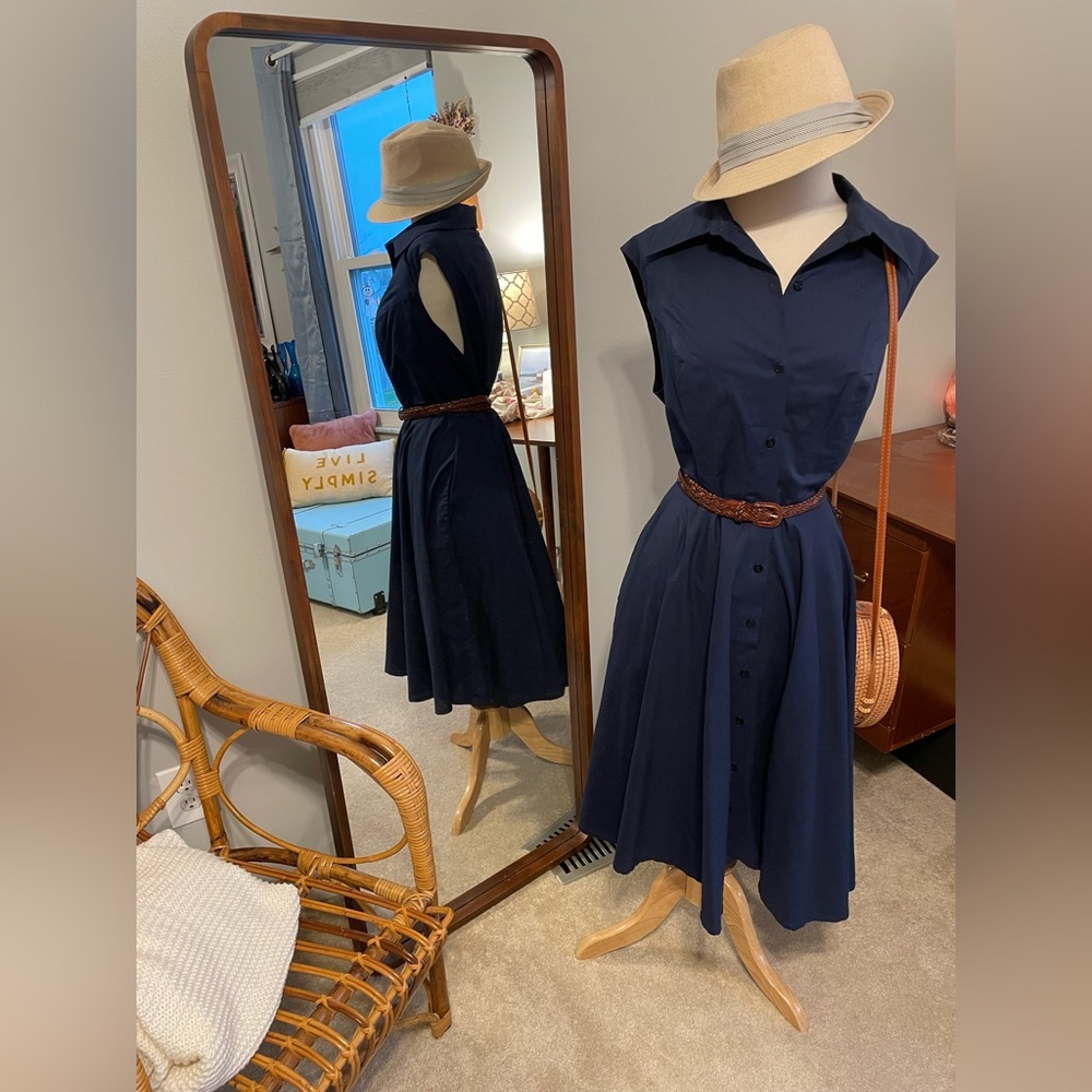 Navy Button Down Swing Dress
